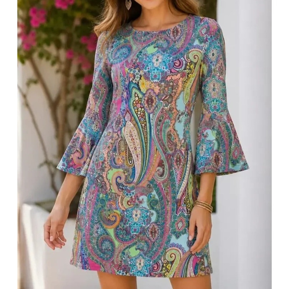NWT TOMMY HILFIGER Womens Dress Paisley Bell Sleeve Shift Retro 60's - Size 10